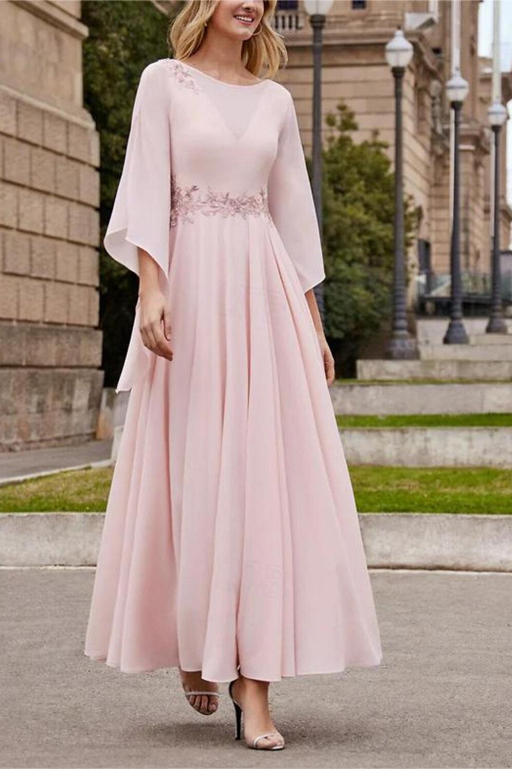 A Line Jewel Neck 3/4 Sleeve Sequined Ankle Length Mother of the Bride Gown