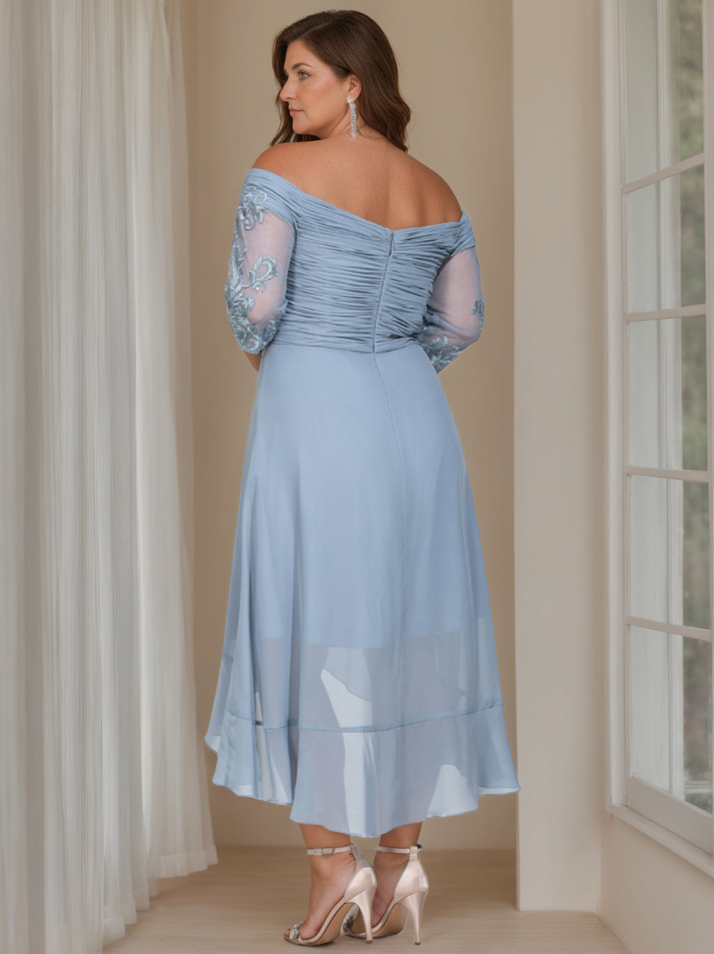 A Line Off the Shoulder Asymmetrical Plus Size Mother of the Bride Gown with 3/4 Sleeves and Sequins