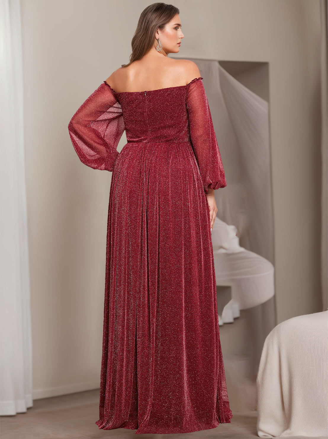 A Line Off the Shoulder Long Plus Size Mother of the Bride Dress with Long Sleeves and Ruffles