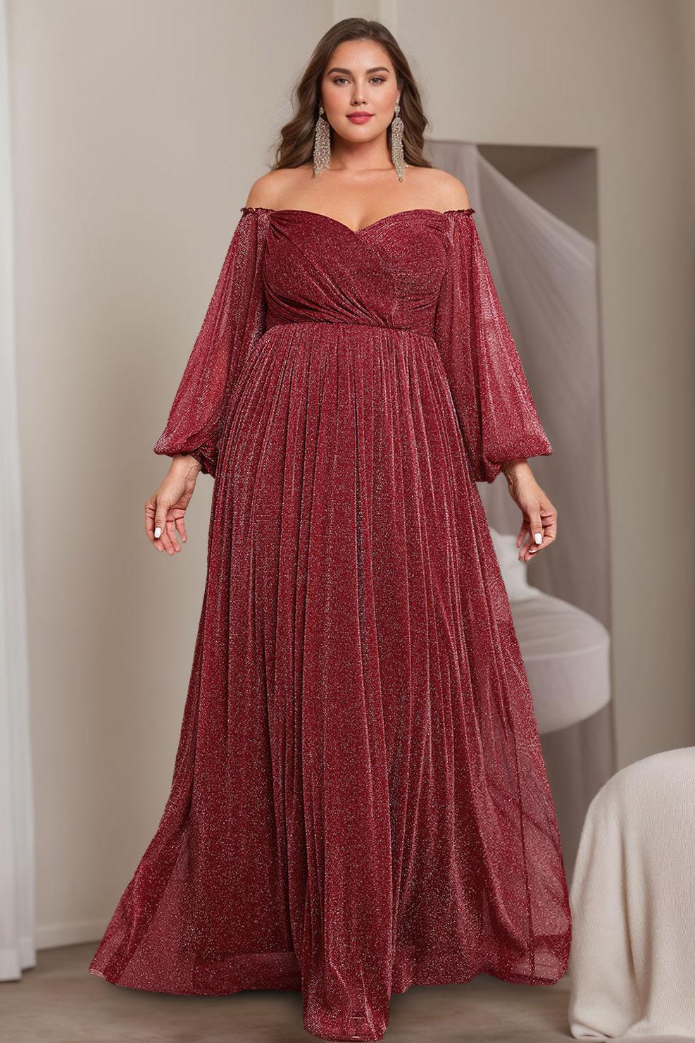 A Line Off the Shoulder Long Plus Size Mother of the Bride Dress with Long Sleeves and Ruffles
