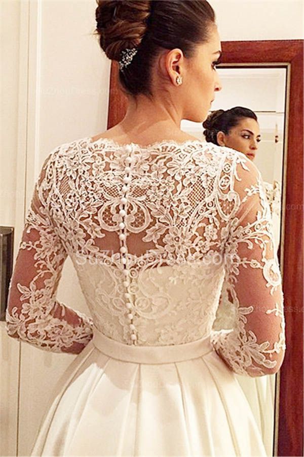 Princess A Line Satin Wedding Dress White Lace V Neck Long Sleeve Bridal Gowns