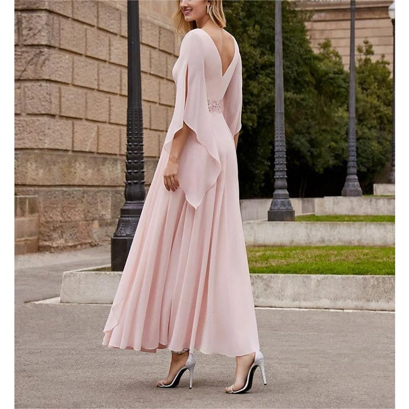 A Line Scoop Neck Ankle Length Mother of the Bride Dress with 3/4 Sleeves and Sequin