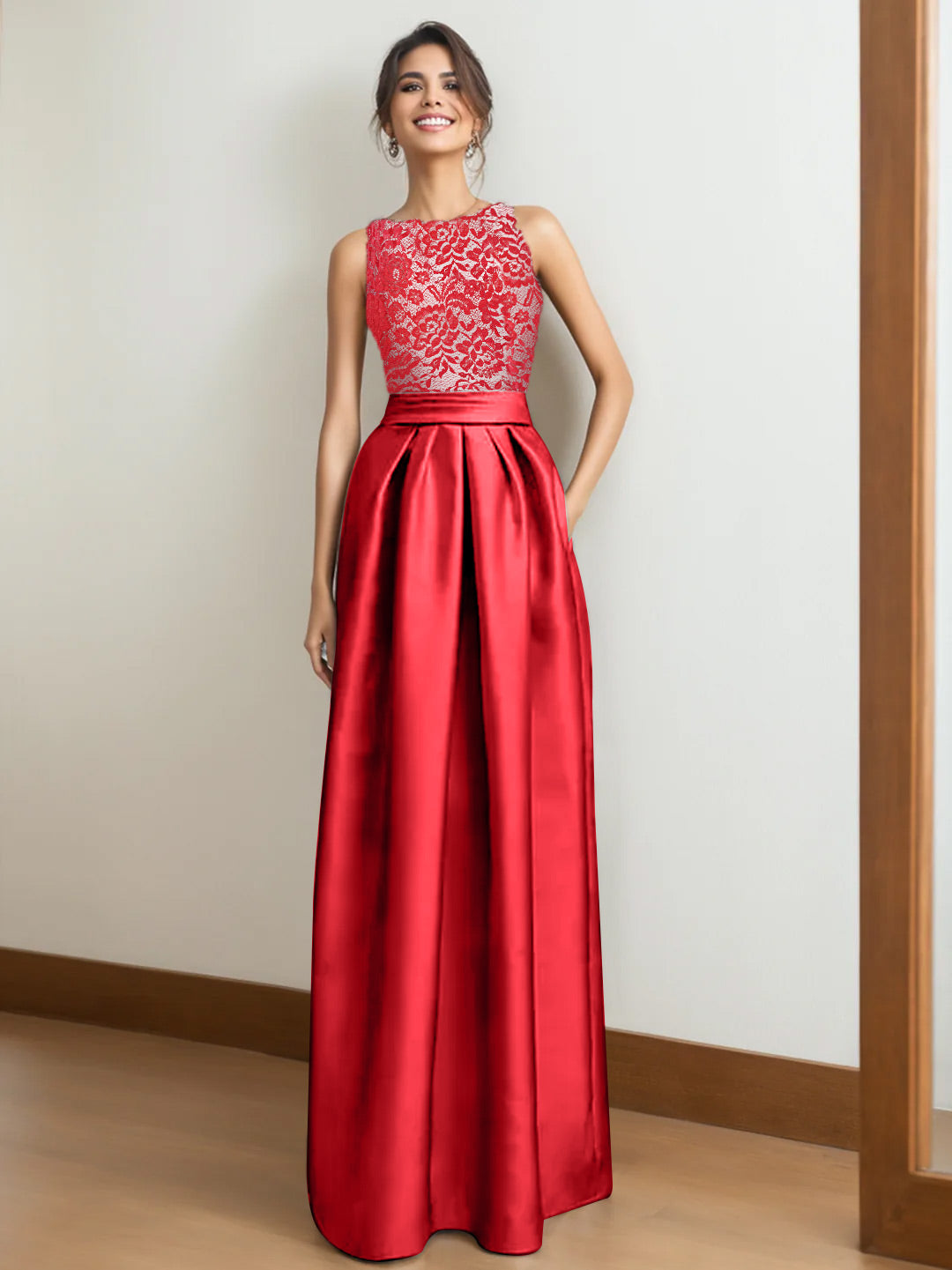 A Line Scoop Neck Sleeveless Pleated Mother of the Bride Dress with Lace Appliques