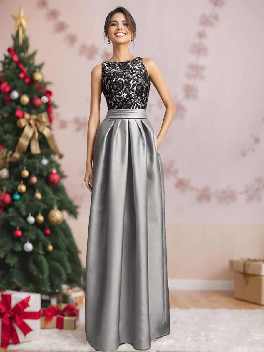 A Line Scoop Neck Sleeveless Pleated Mother of the Bride Dress with Lace Appliques