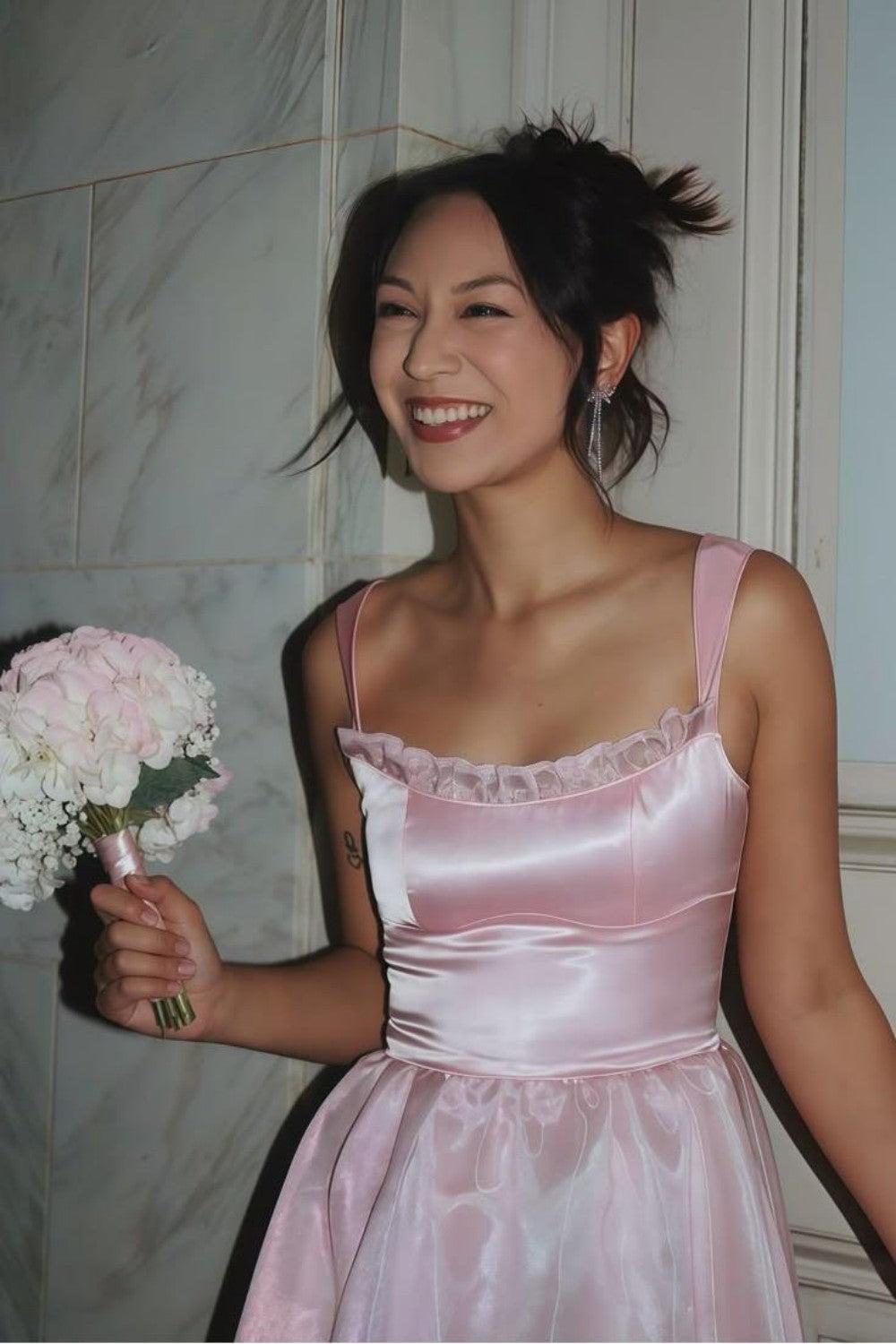 Suzhoufashion Princess A Line Spaghetti Straps Pink Long Prom Dress With Lace Ruffles Formal Evening Gown
