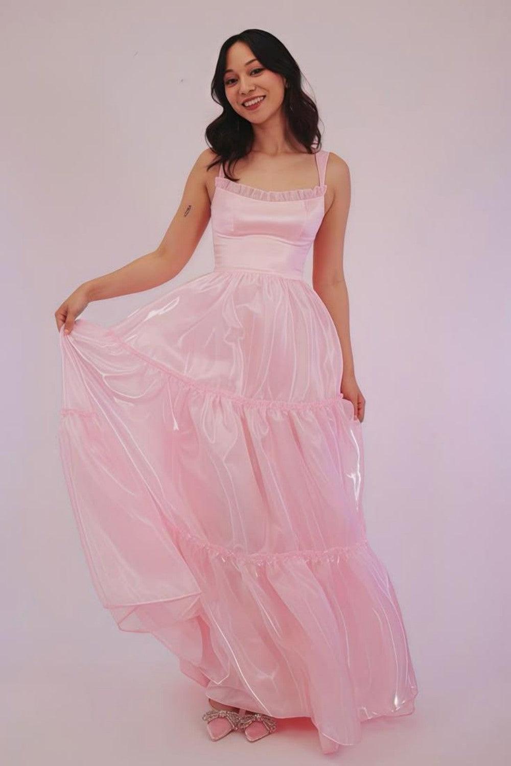 Suzhoufashion Princess A Line Spaghetti Straps Pink Long Prom Dress With Lace Ruffles Formal Evening Gown
