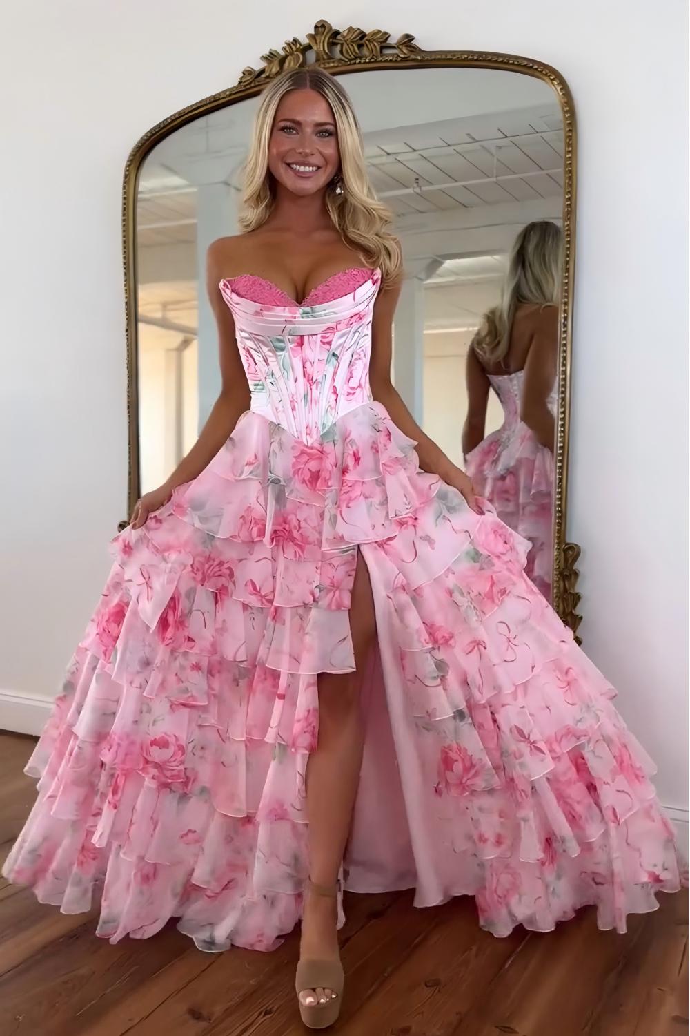 Suzhoufashion Princess A Line Sweetheart Pink Corset Prom Dress With Ruffles Appliques Formal Evening Gown