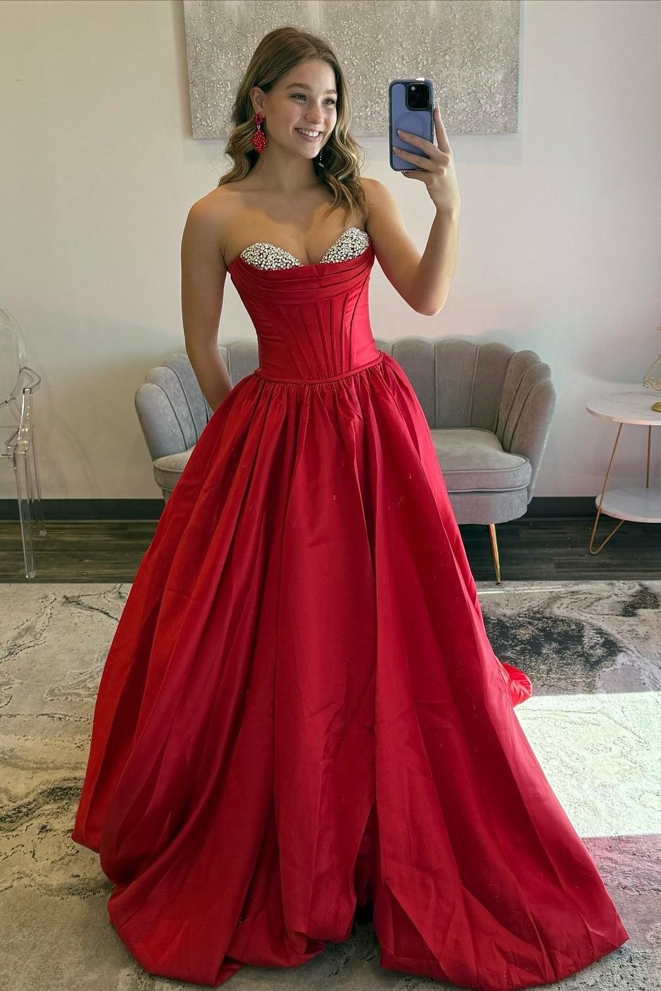 A Line Sweetheart Red Corset Prom Dress With Beading Formal Evening Gown