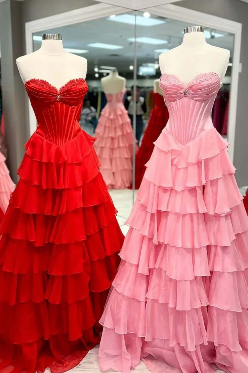 Red Prom Dress Ruffled Sweetheart A Line Chiffon Formal Dress With Lace