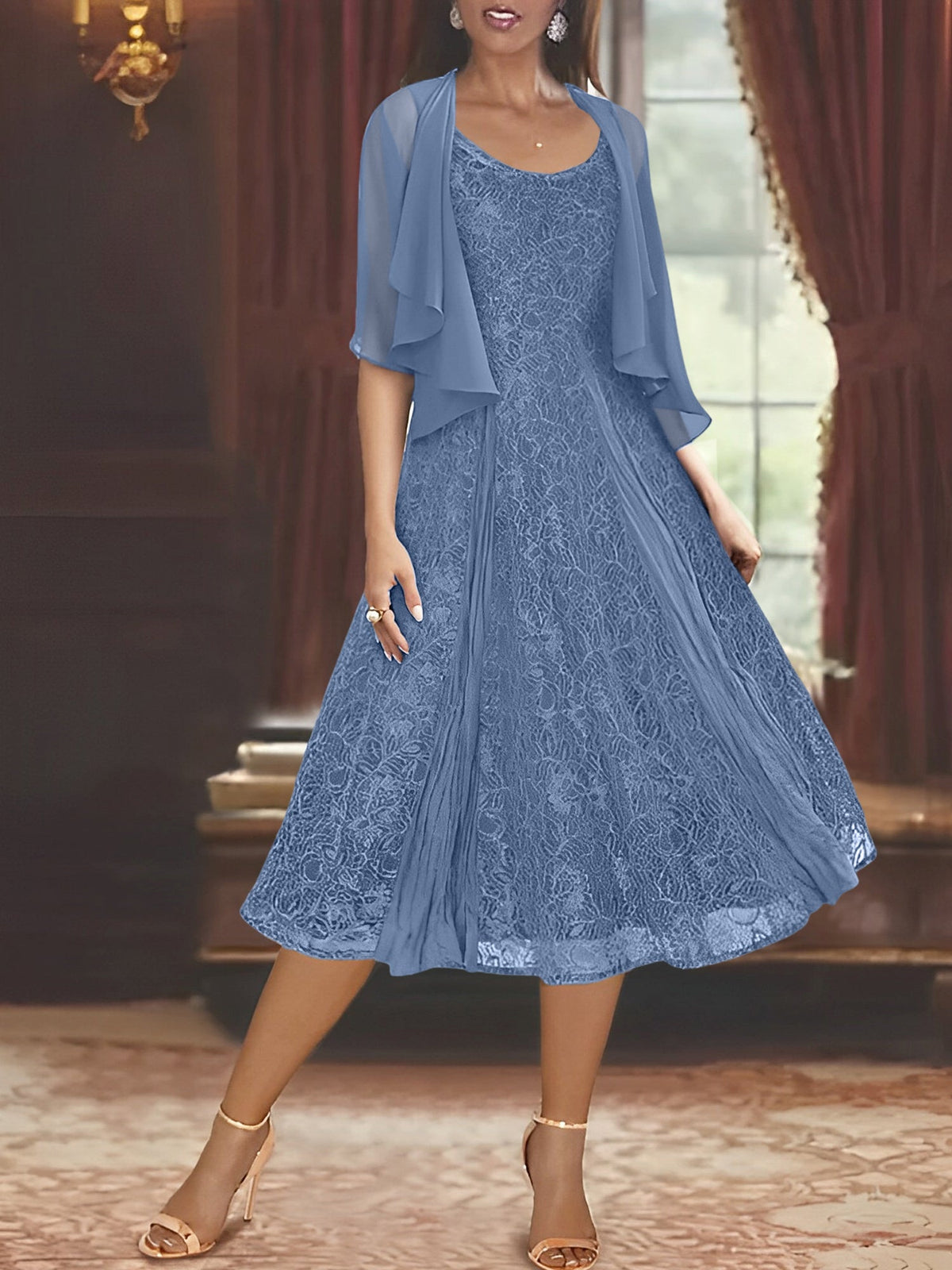 A Line Tea Length Mother of the Bride Dress with Scoop Neck Half Sleeves Appliques and Jacket