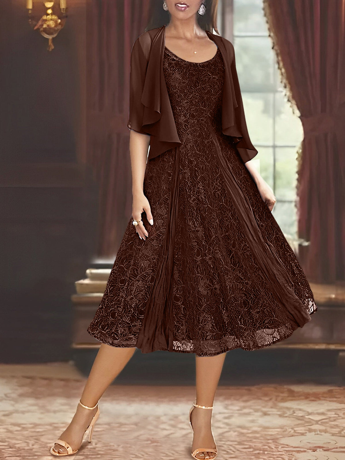 A Line Tea Length Mother of the Bride Dress with Scoop Neck Half Sleeves Appliques and Jacket