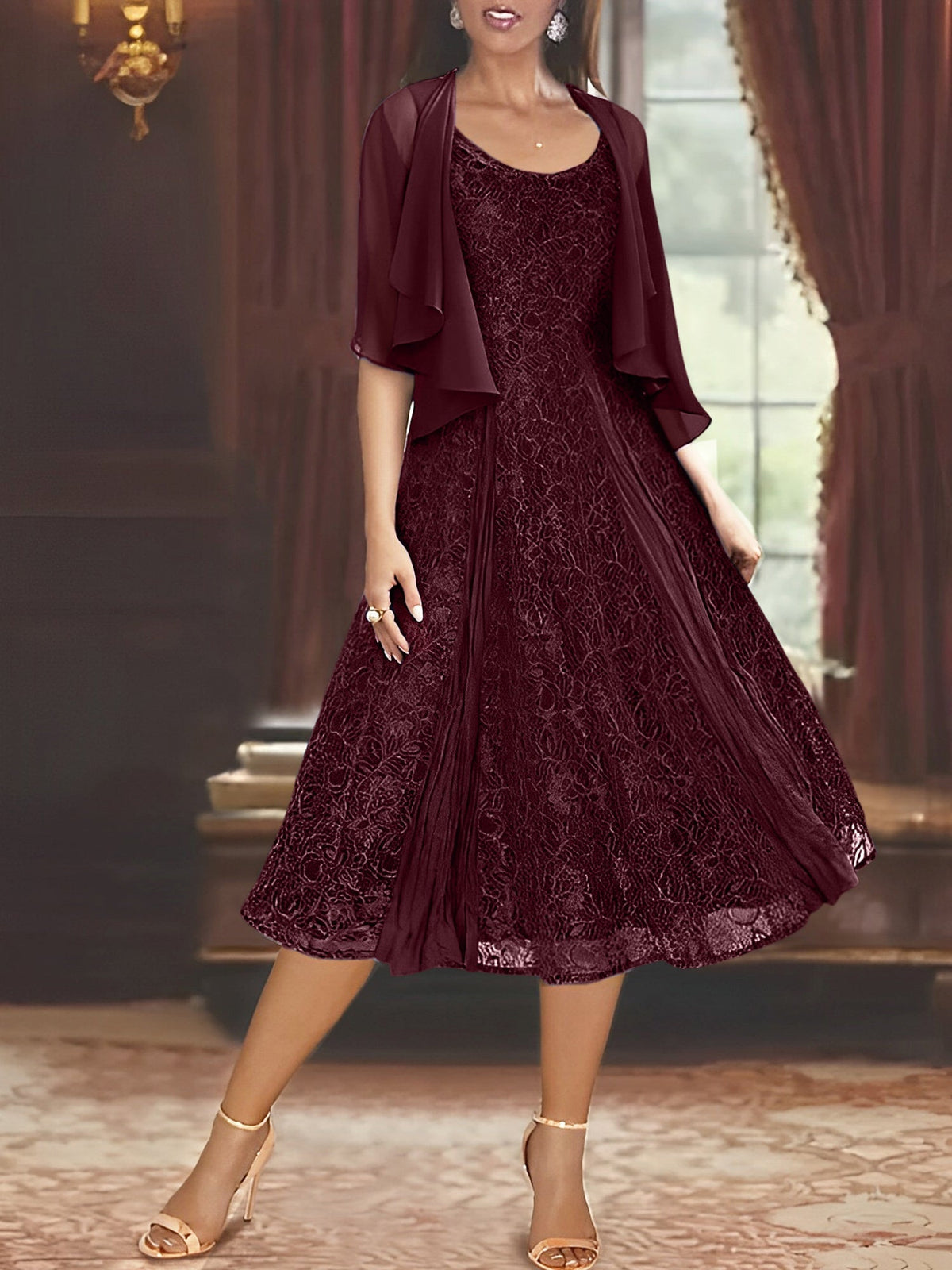 A Line Tea Length Mother of the Bride Dress with Scoop Neck Half Sleeves Appliques and Jacket