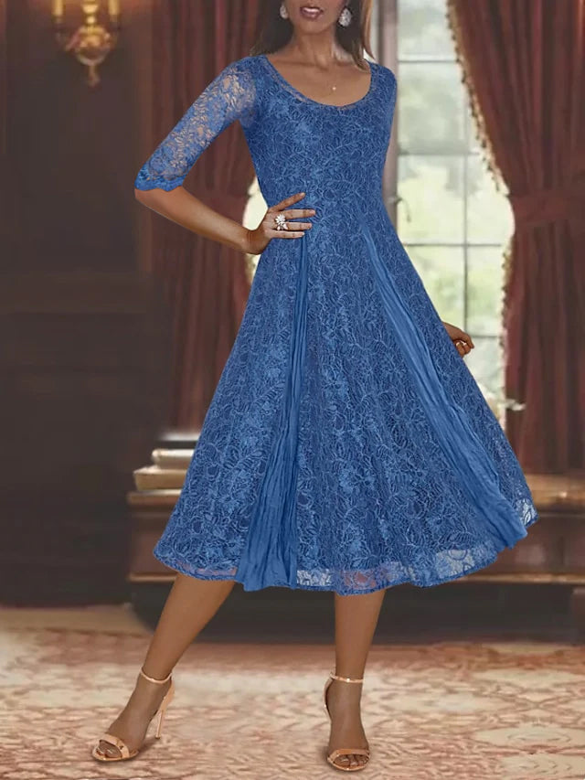 A Line Tea Length Mother of the Bride Dress with Scoop Neck Half Sleeves Appliques and Jacket