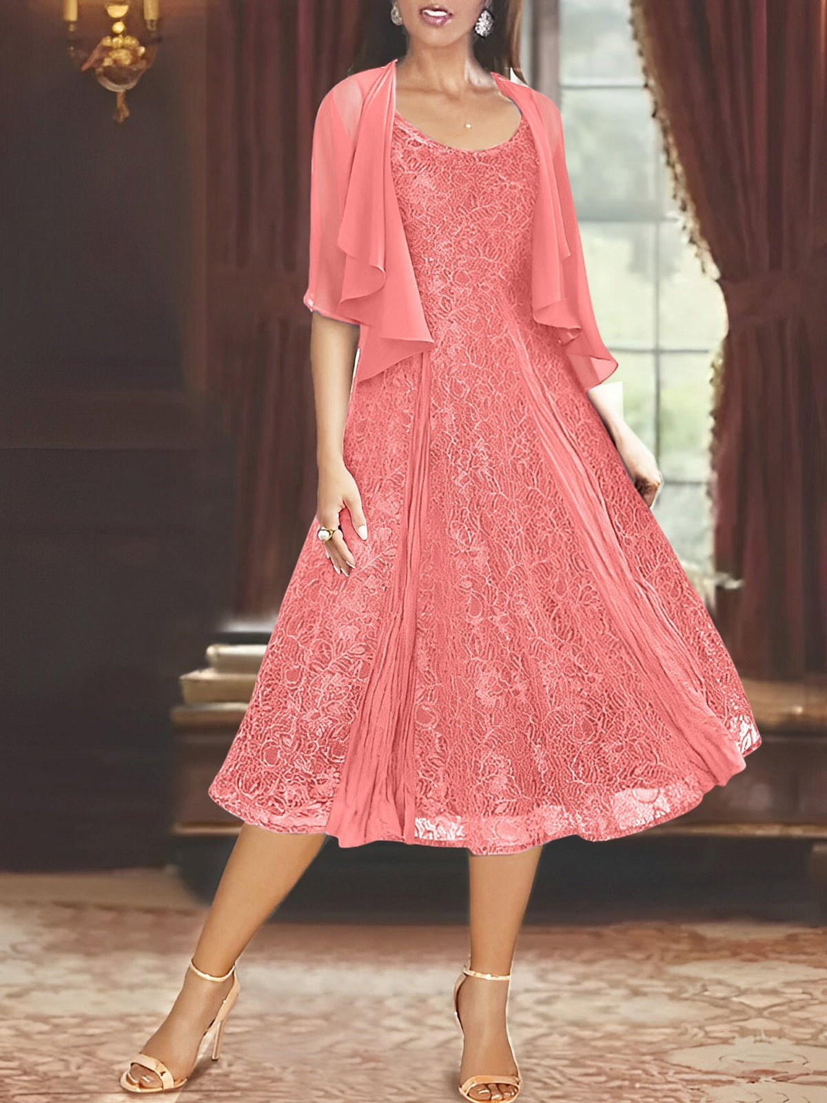 A Line Tea Length Mother of the Bride Dress with Scoop Neck Half Sleeves Appliques and Jacket