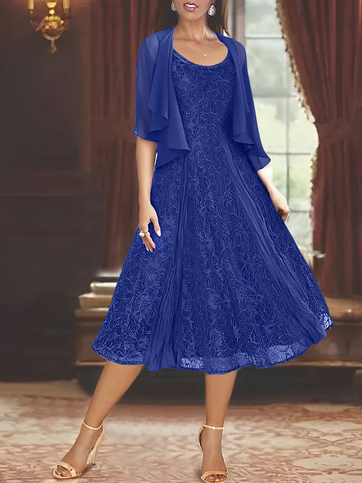 A Line Tea Length Mother of the Bride Dress with Scoop Neck Half Sleeves Appliques and Jacket