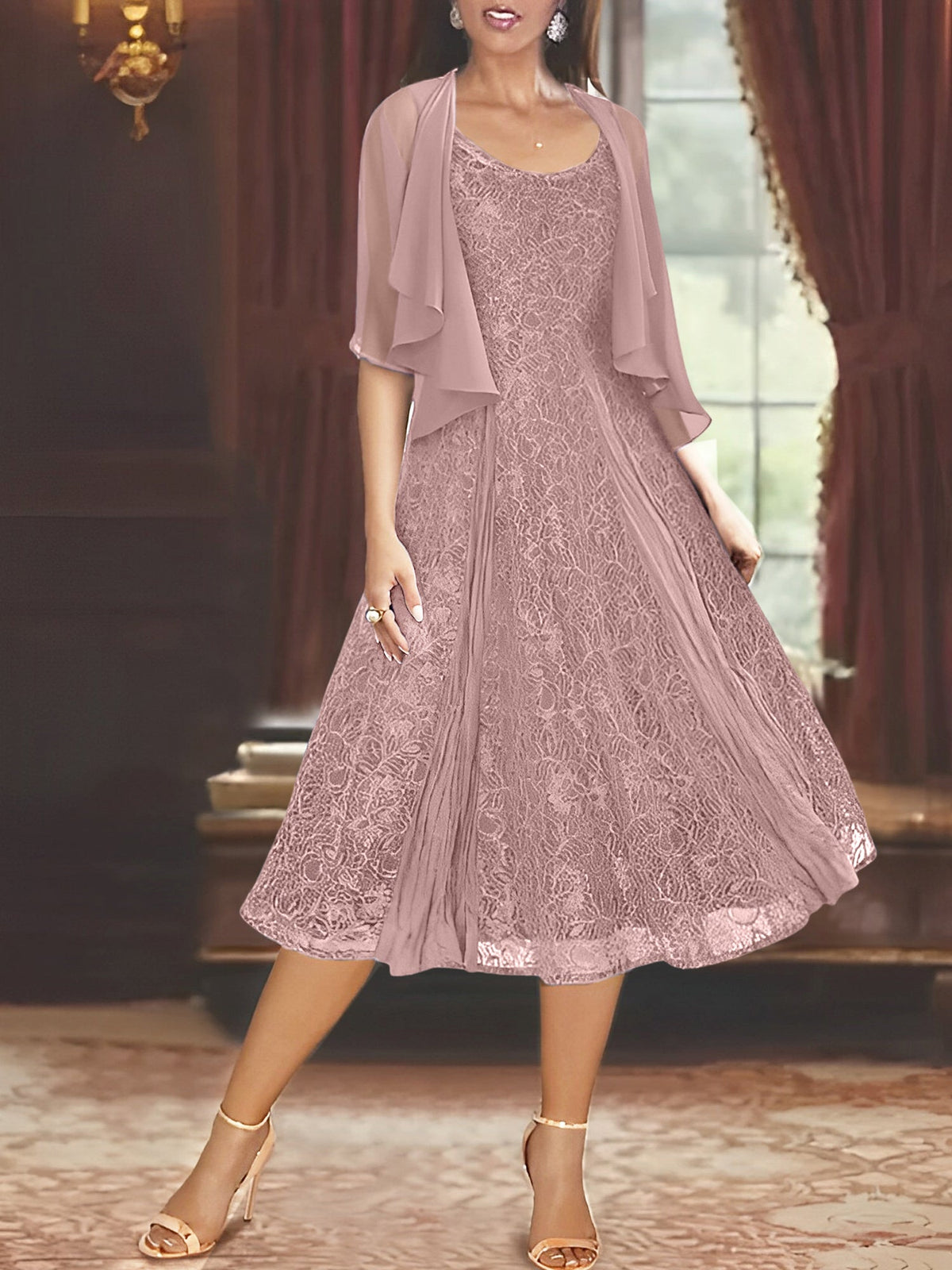 A Line Tea Length Mother of the Bride Dress with Scoop Neck Half Sleeves Appliques and Jacket