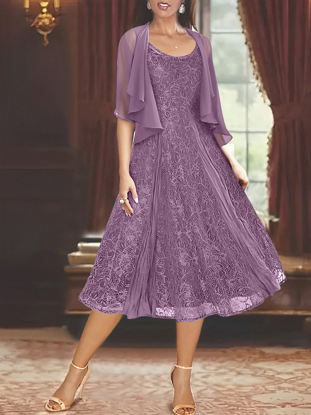 A Line Tea Length Mother of the Bride Dress with Scoop Neck Half Sleeves Appliques and Jacket