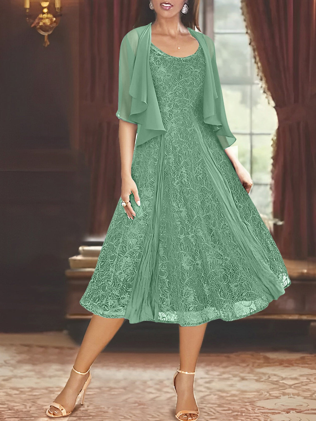 A Line Tea Length Mother of the Bride Dress with Scoop Neck Half Sleeves Appliques and Jacket