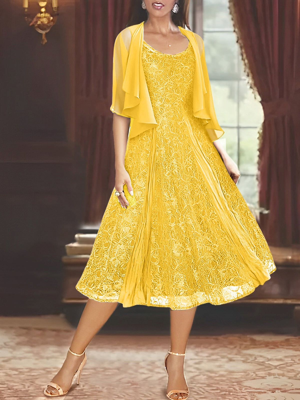 A Line Tea Length Mother of the Bride Dress with Scoop Neck Half Sleeves Appliques and Jacket