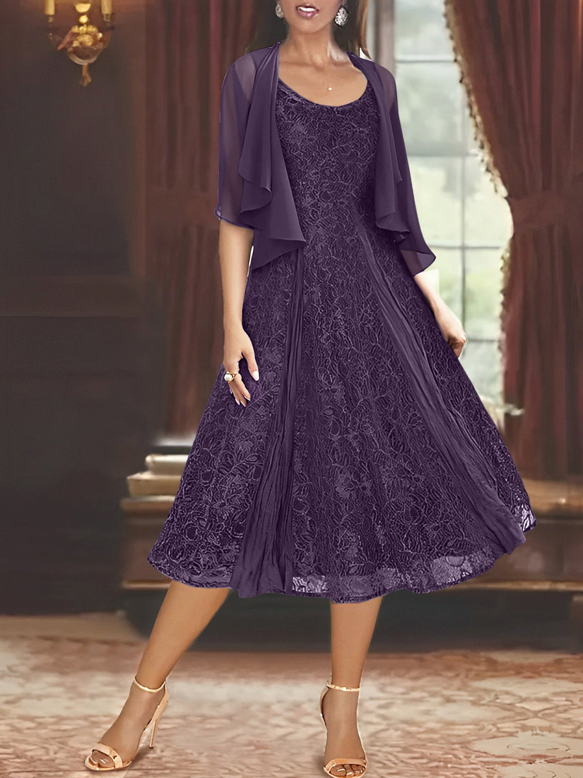 A Line Tea Length Mother of the Bride Dress with Scoop Neck Half Sleeves Appliques and Jacket