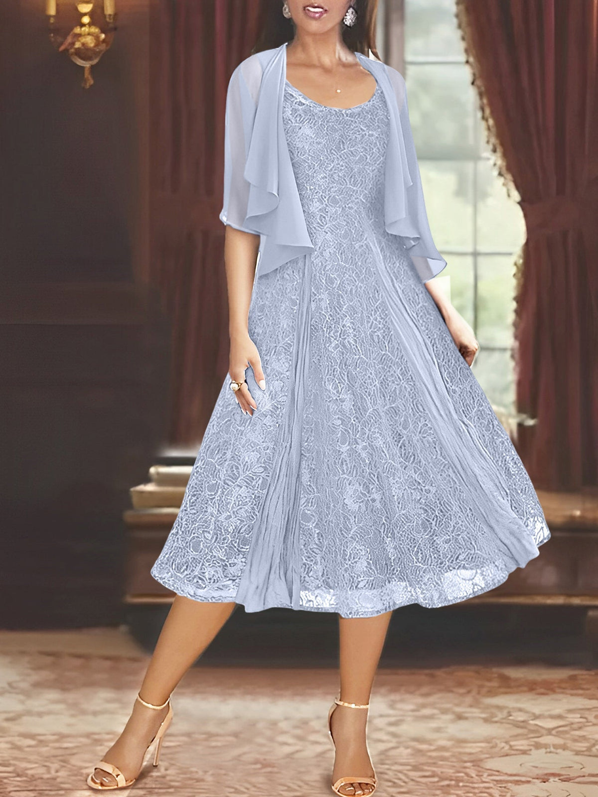 A Line Tea Length Mother of the Bride Dress with Scoop Neck Half Sleeves Appliques and Jacket