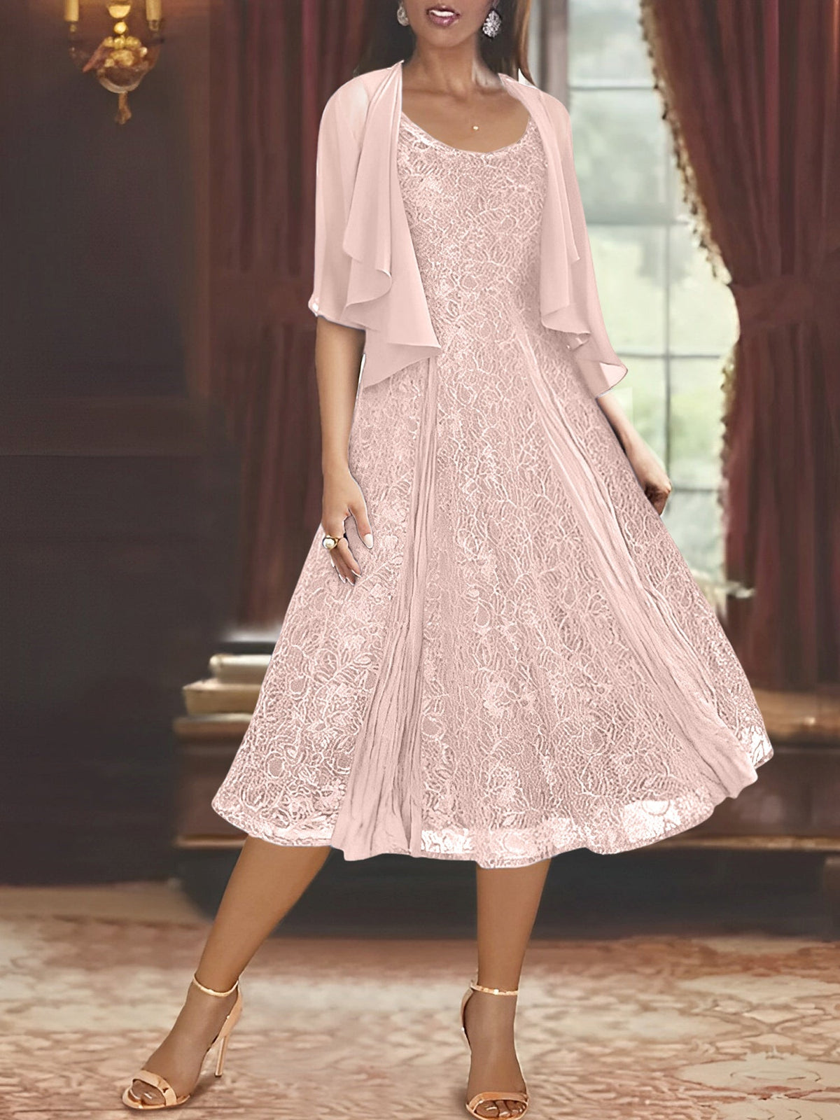 A Line Tea Length Mother of the Bride Dress with Scoop Neck Half Sleeves Appliques and Jacket
