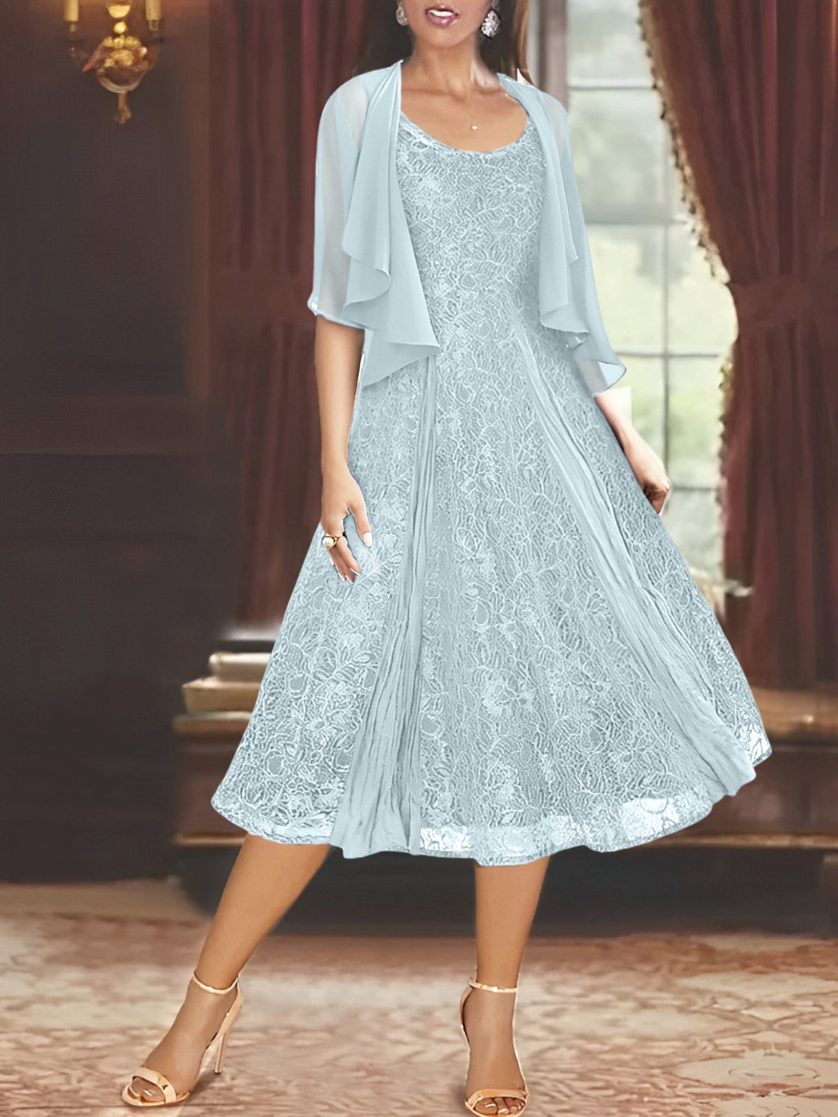 A Line Tea Length Mother of the Bride Dress with Scoop Neck Half Sleeves Appliques and Jacket