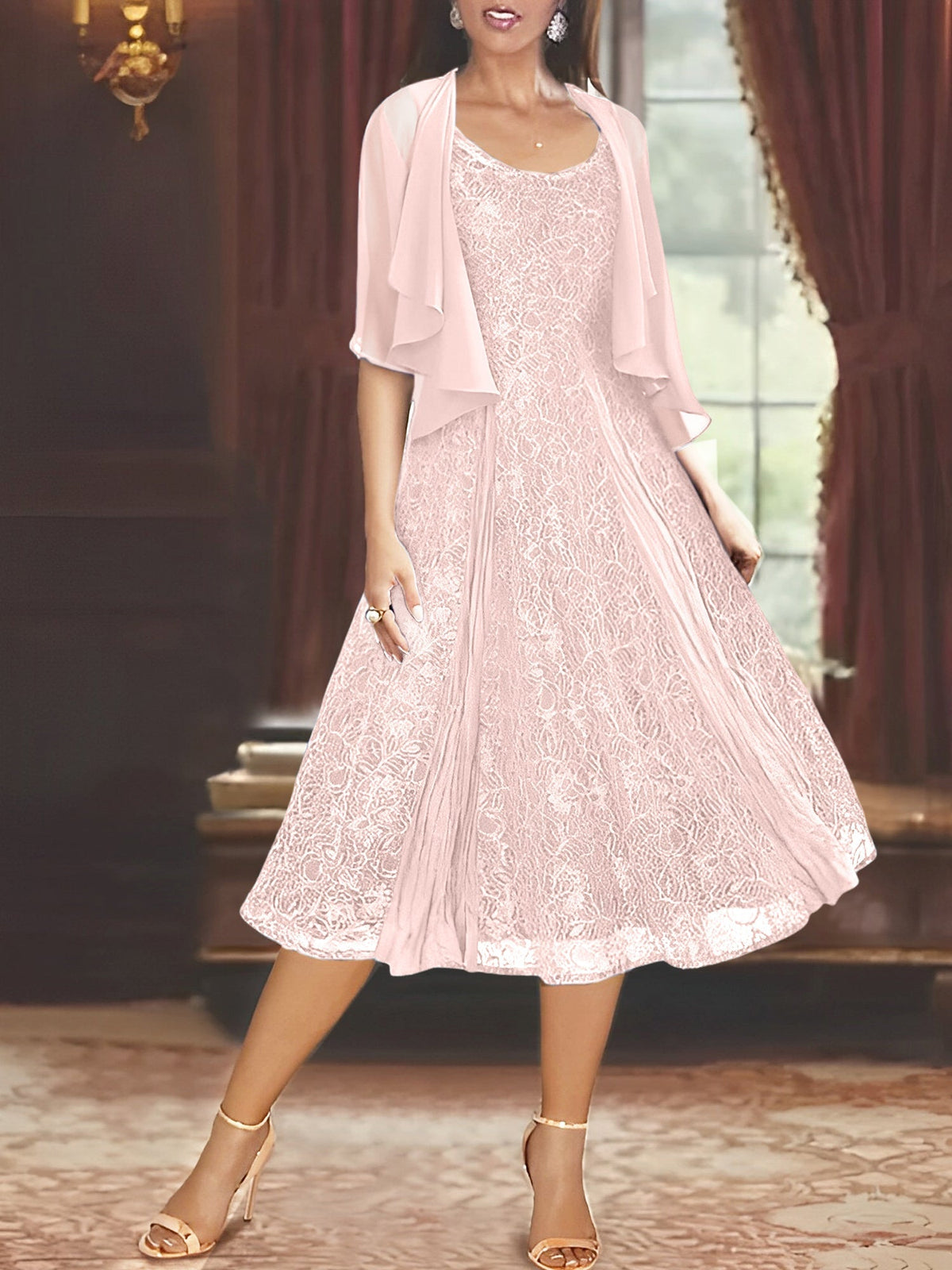 A Line Tea Length Mother of the Bride Dress with Scoop Neck Half Sleeves Appliques and Jacket