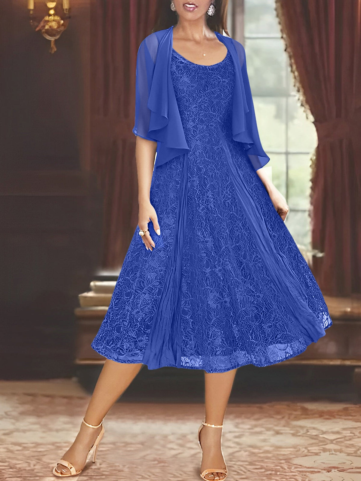 A Line Tea Length Mother of the Bride Dress with Scoop Neck Half Sleeves Appliques and Jacket