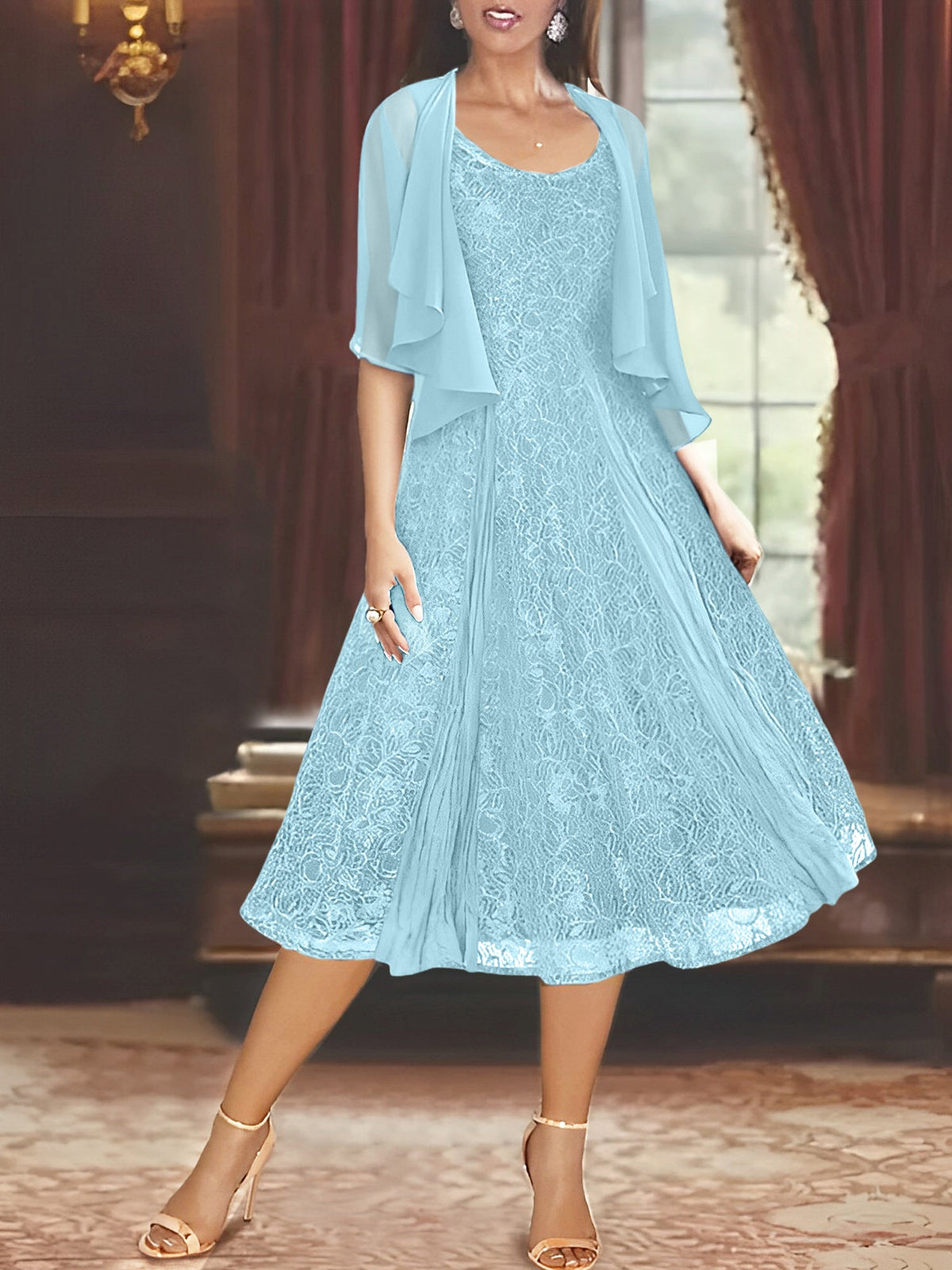 A Line Tea Length Mother of the Bride Dress with Scoop Neck Half Sleeves Appliques and Jacket