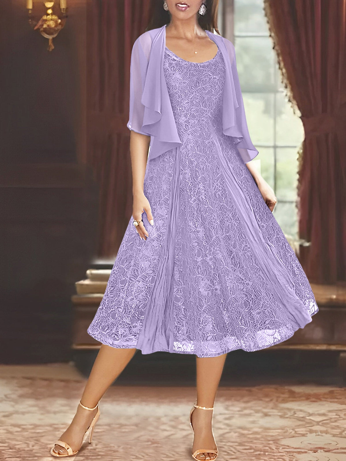 A Line Tea Length Mother of the Bride Dress with Scoop Neck Half Sleeves Appliques and Jacket