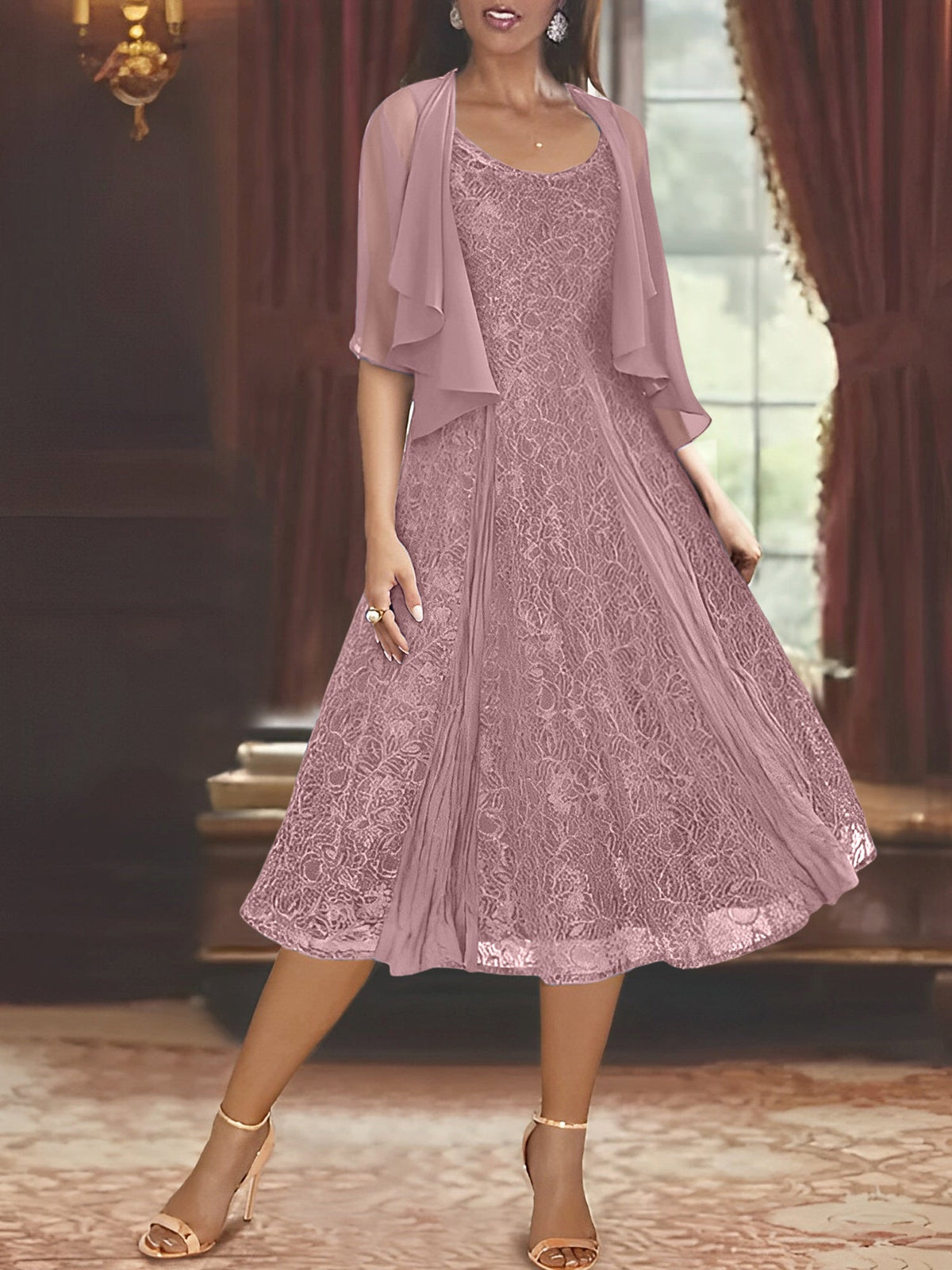 A Line Tea Length Mother of the Bride Dress with Scoop Neck Half Sleeves Appliques and Jacket