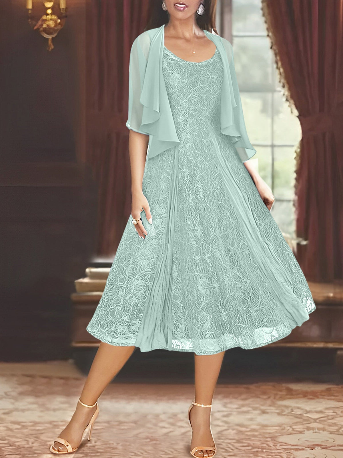 A Line Tea Length Mother of the Bride Dress with Scoop Neck Half Sleeves Appliques and Jacket