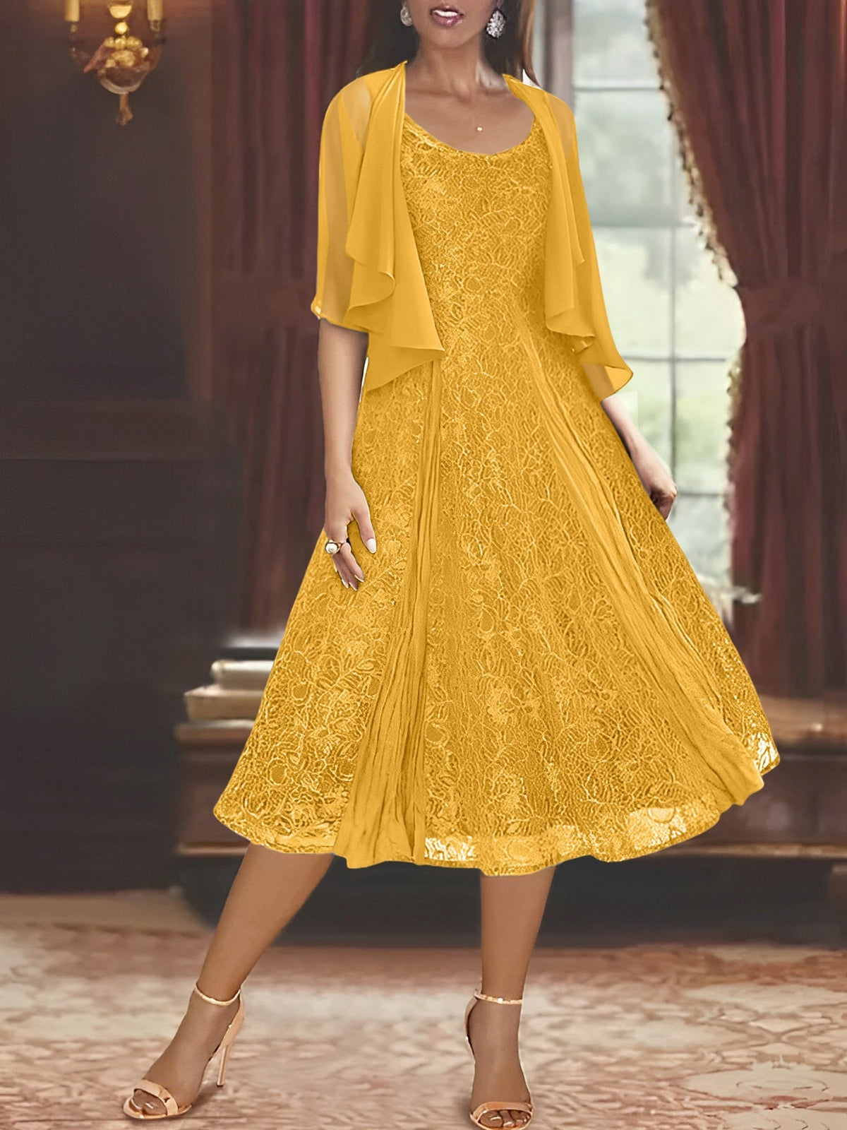 A Line Tea Length Mother of the Bride Dress with Scoop Neck Half Sleeves Appliques and Jacket