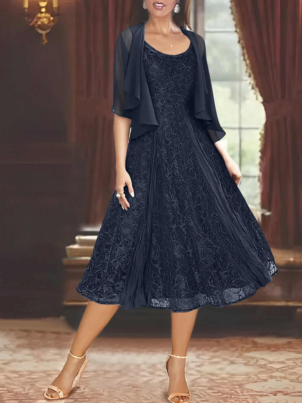 A Line Tea Length Mother of the Bride Dress with Scoop Neck Half Sleeves Appliques and Jacket