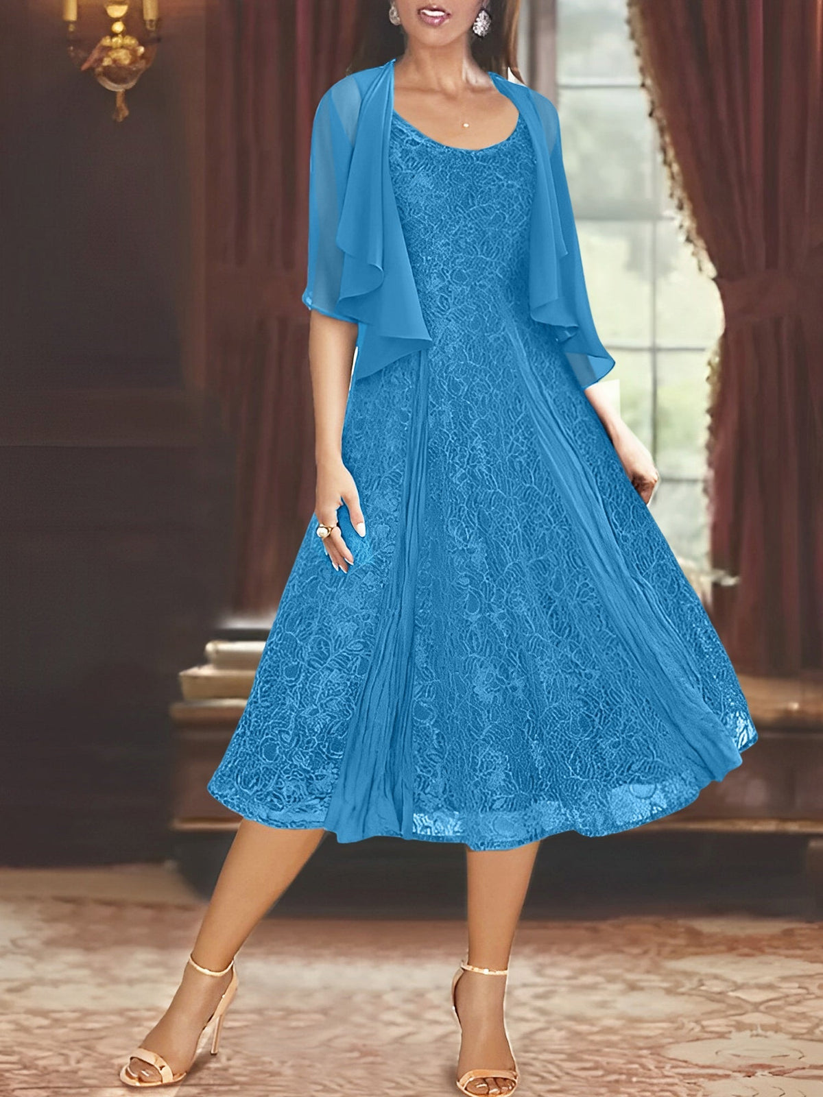 A Line Tea Length Mother of the Bride Dress with Scoop Neck Half Sleeves Appliques and Jacket