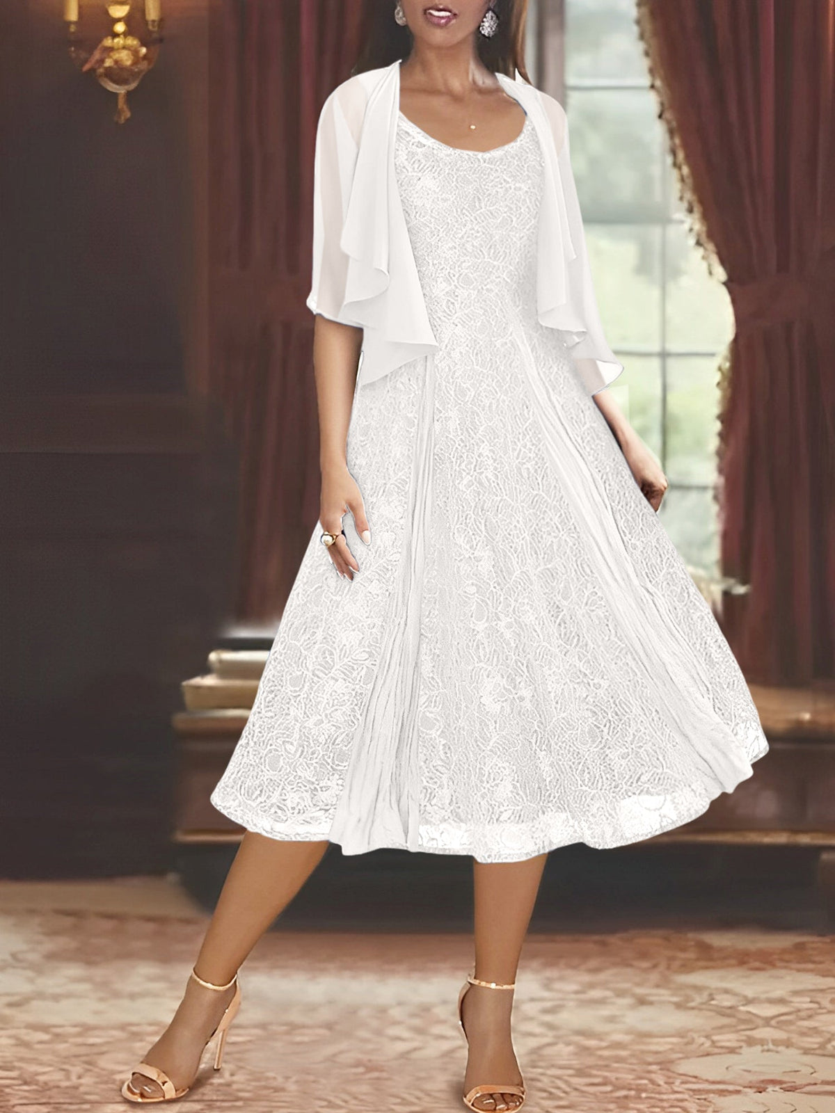 A Line Tea Length Mother of the Bride Dress with Scoop Neck Half Sleeves Appliques and Jacket