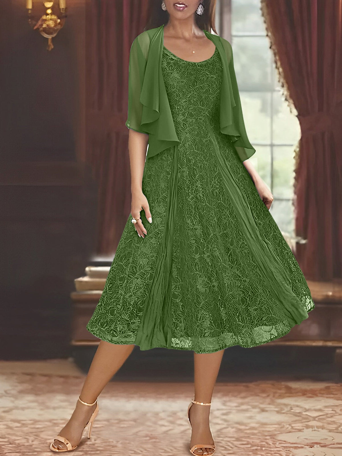 A Line Tea Length Mother of the Bride Dress with Scoop Neck Half Sleeves Appliques and Jacket