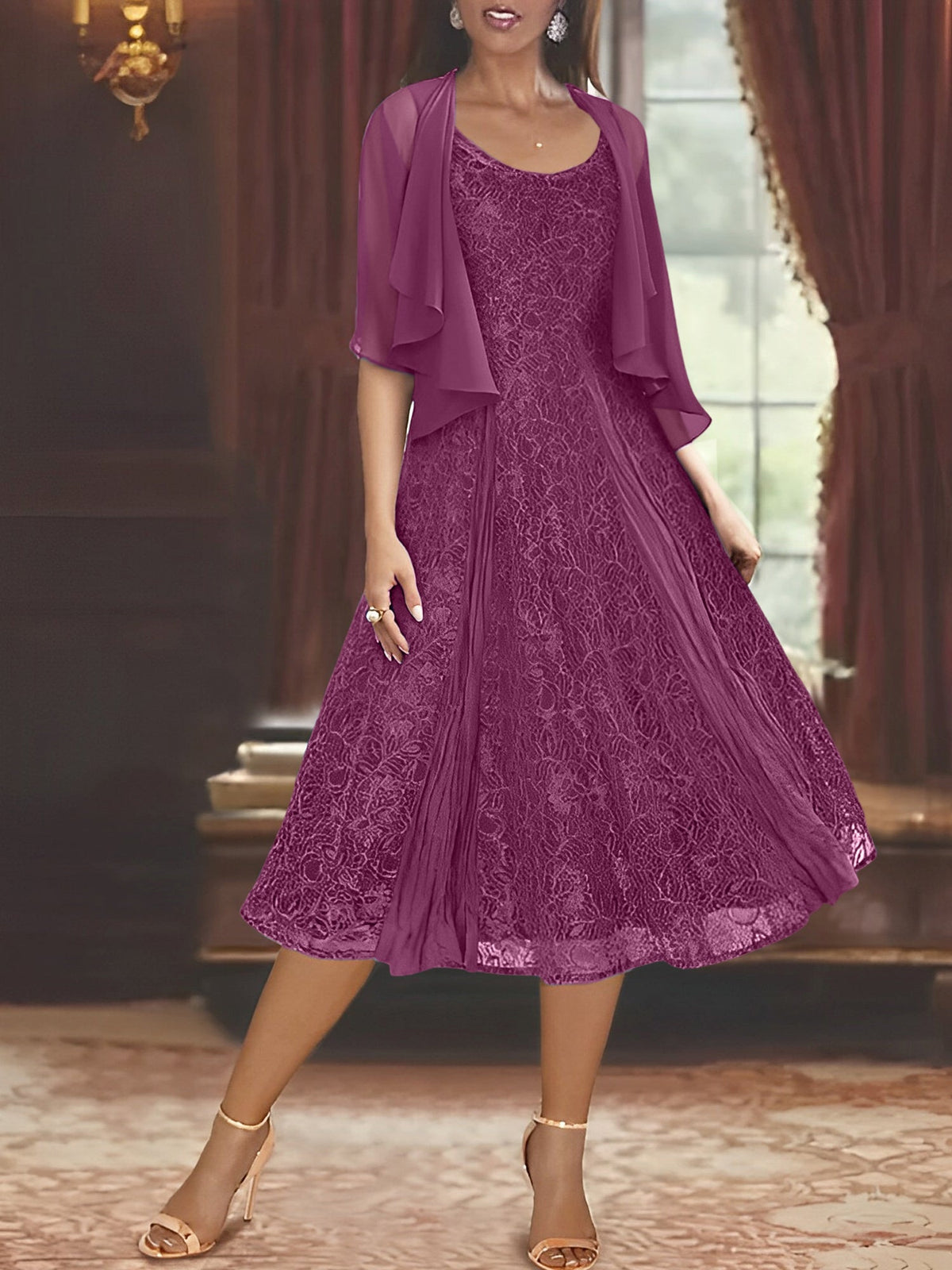 A Line Tea Length Mother of the Bride Dress with Scoop Neck Half Sleeves Appliques and Jacket