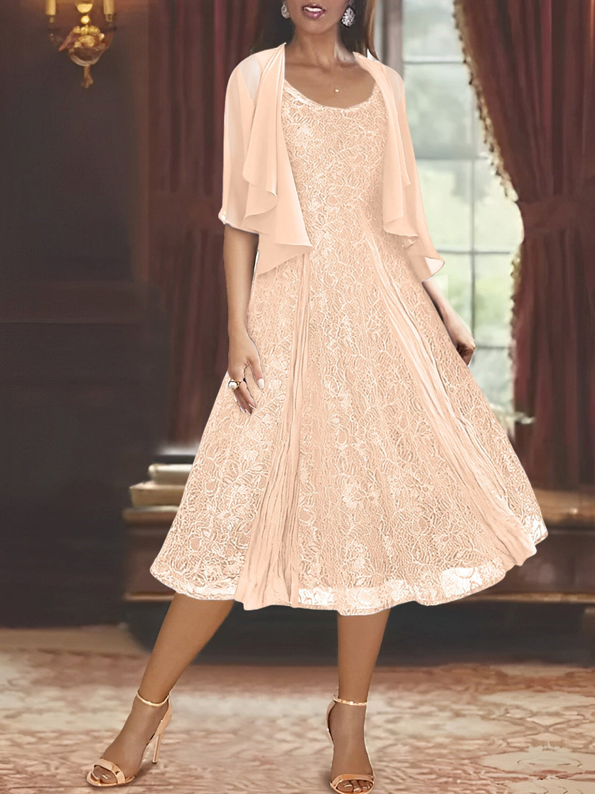 A Line Tea Length Mother of the Bride Dress with Scoop Neck Half Sleeves Appliques and Jacket