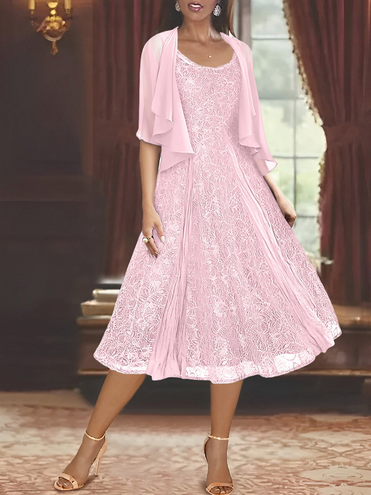 A Line Tea Length Mother of the Bride Dress with Scoop Neck Half Sleeves Appliques and Jacket