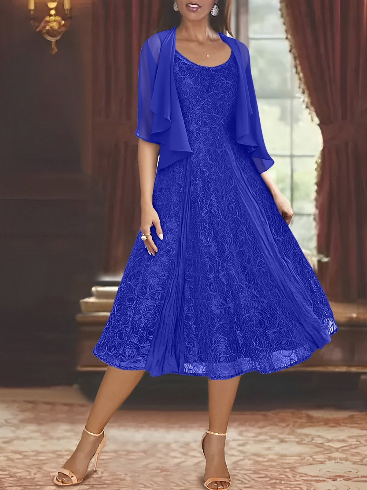 A Line Tea Length Mother of the Bride Dress with Scoop Neck Half Sleeves Appliques and Jacket