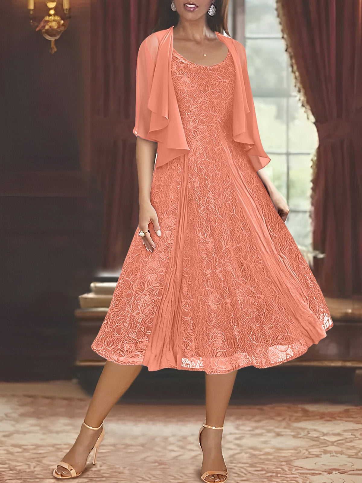 A Line Tea Length Mother of the Bride Dress with Scoop Neck Half Sleeves Appliques and Jacket