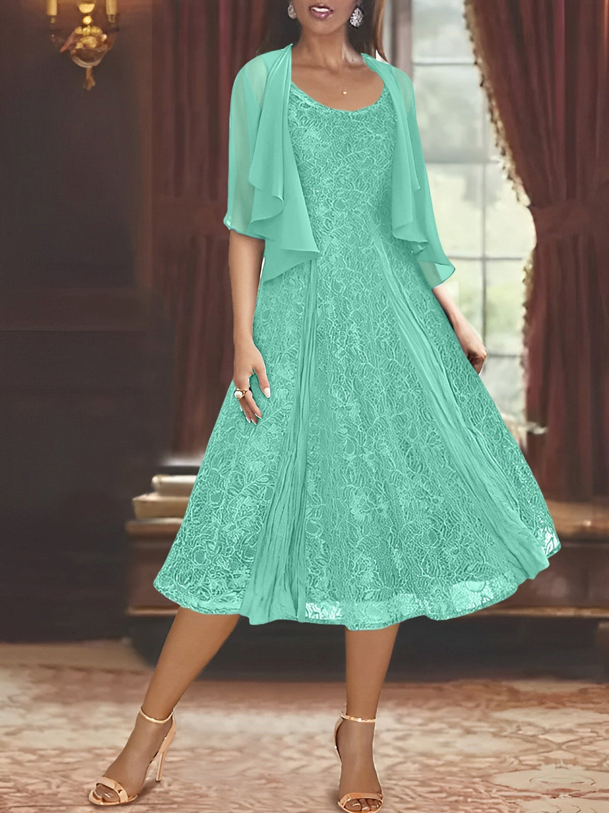A Line Tea Length Mother of the Bride Dress with Scoop Neck Half Sleeves Appliques and Jacket
