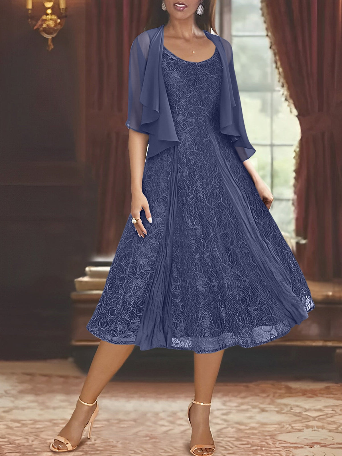 A Line Tea Length Mother of the Bride Dress with Scoop Neck Half Sleeves Appliques and Jacket