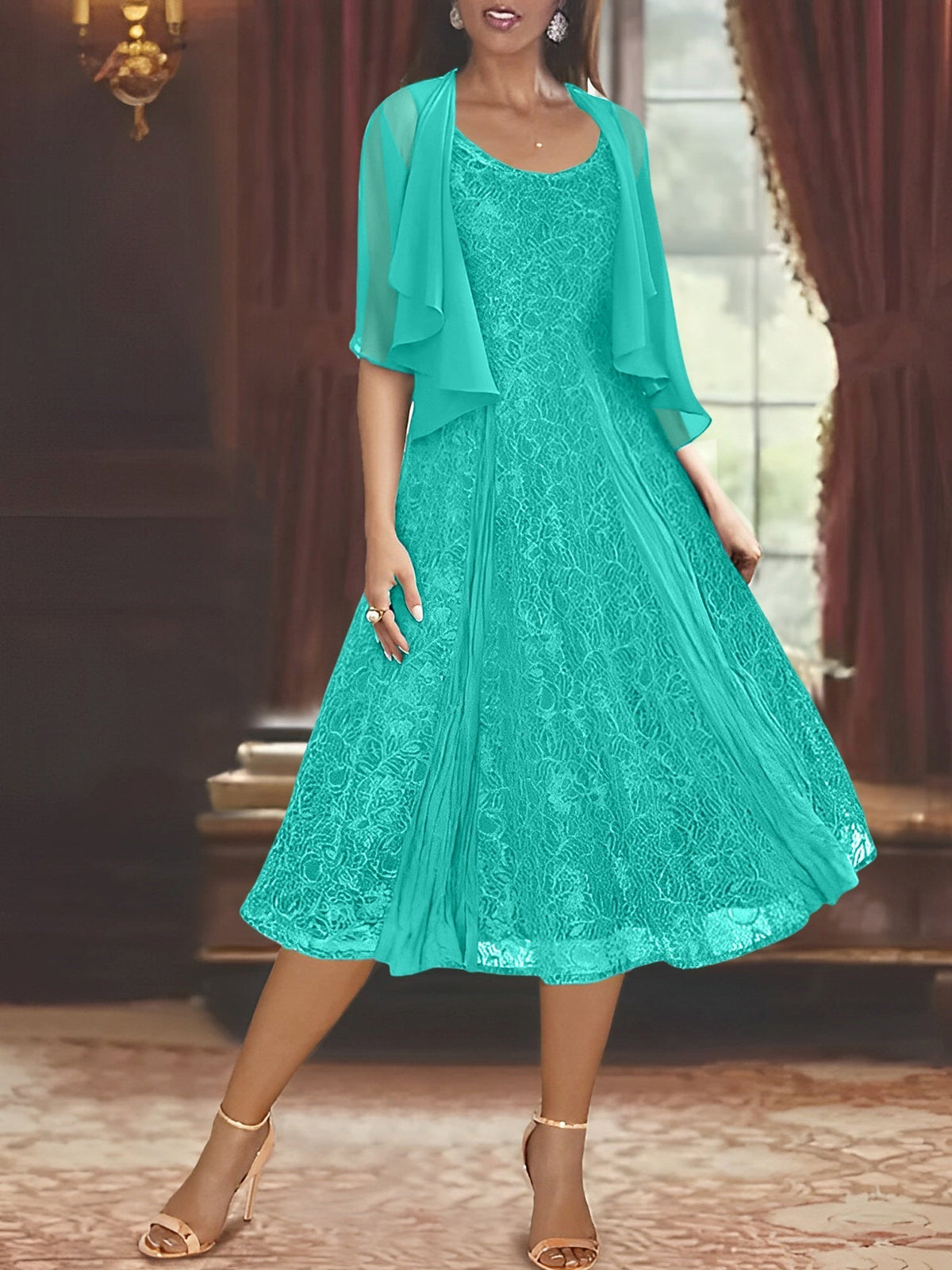 A Line Tea Length Mother of the Bride Dress with Scoop Neck Half Sleeves Appliques and Jacket