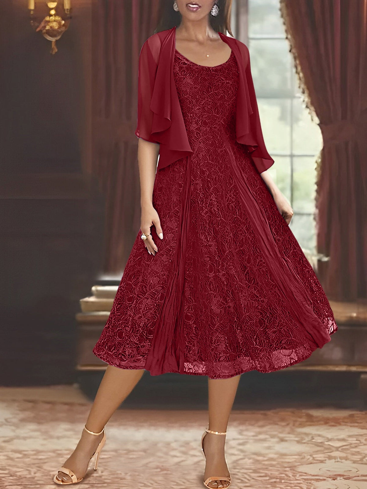 A Line Tea Length Mother of the Bride Dress with Scoop Neck Half Sleeves Appliques and Jacket