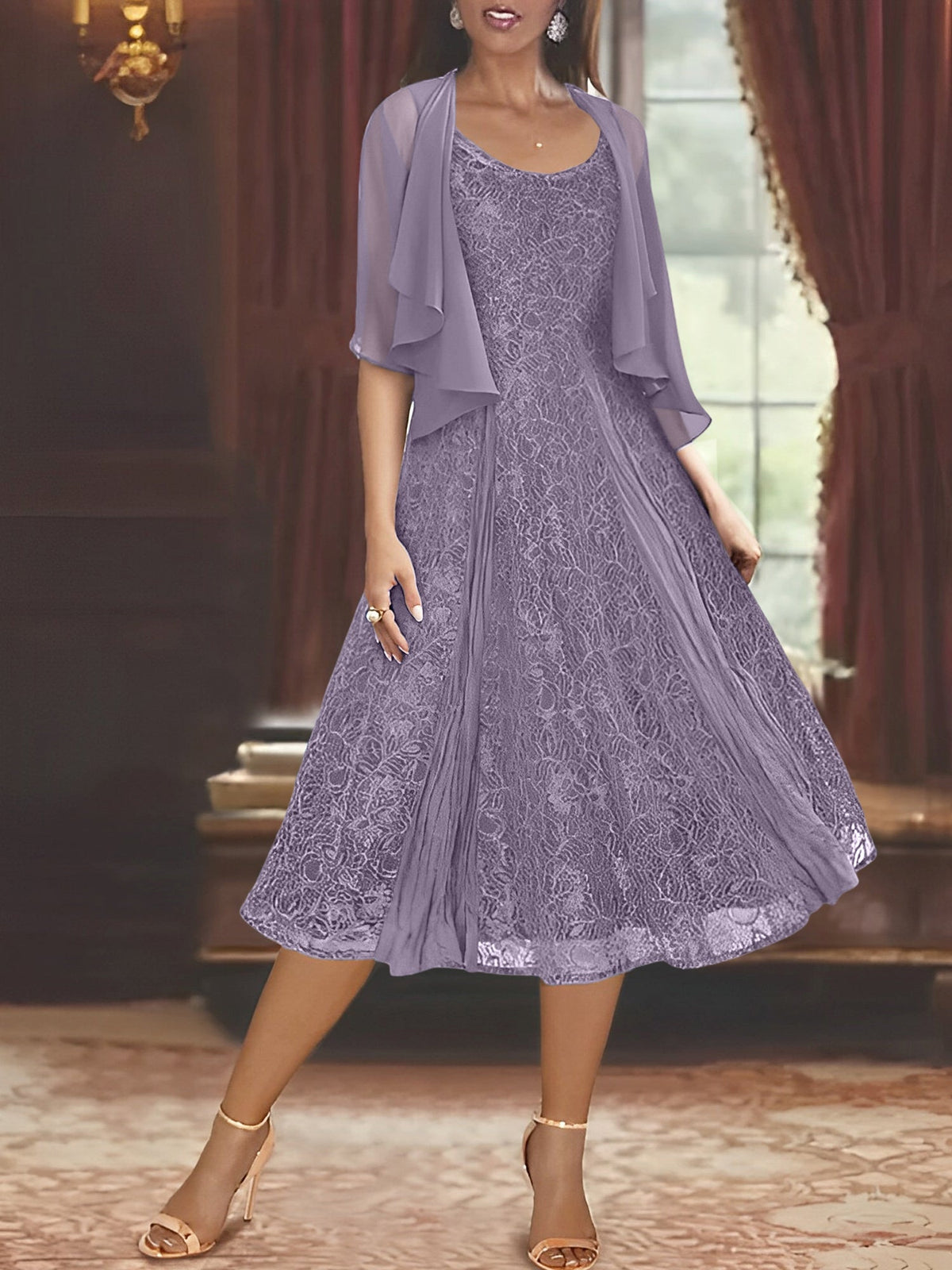 A Line Tea Length Mother of the Bride Dress with Scoop Neck Half Sleeves Appliques and Jacket