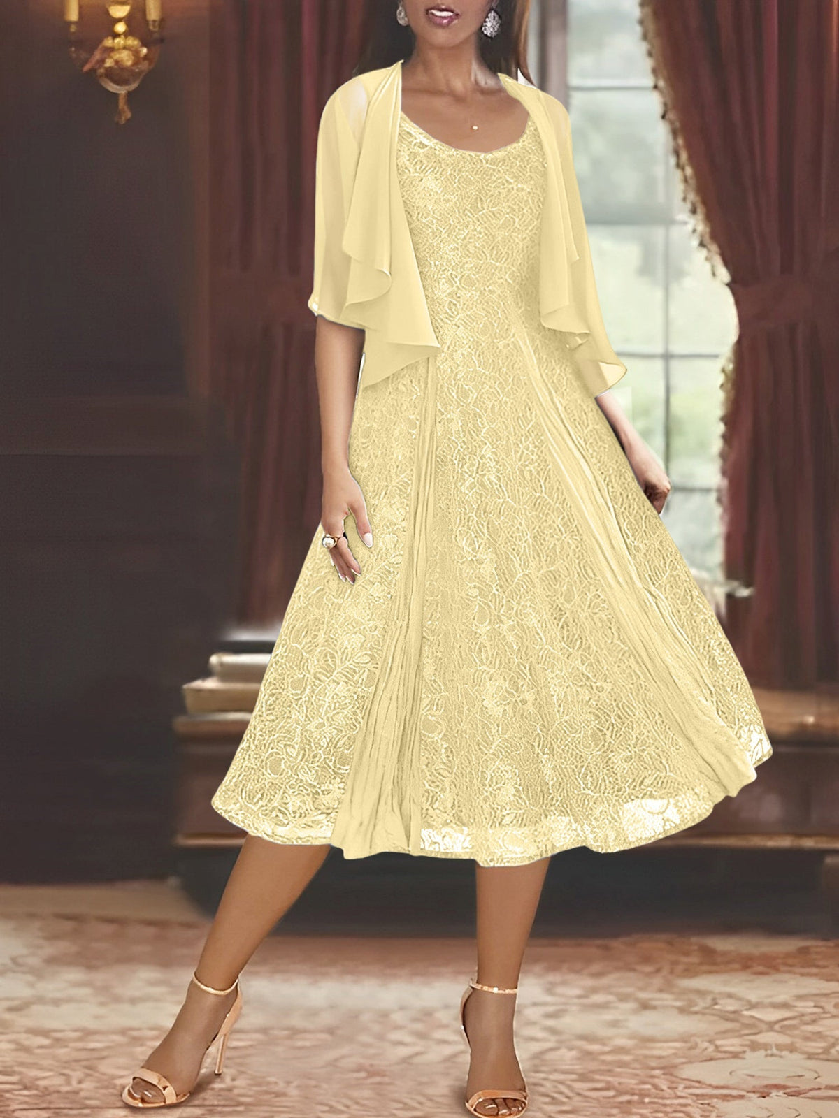 A Line Tea Length Mother of the Bride Dress with Scoop Neck Half Sleeves Appliques and Jacket
