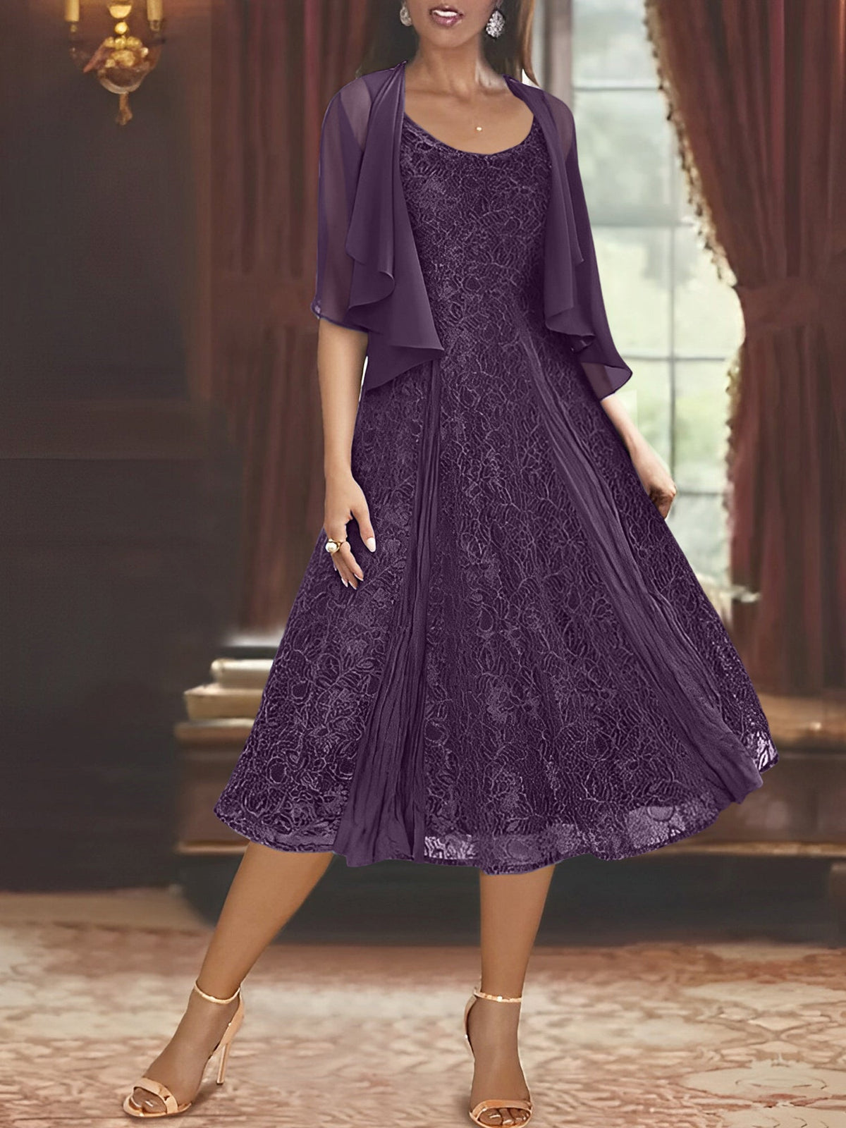 A Line Tea Length Mother of the Bride Dress with Scoop Neck Half Sleeves Appliques and Jacket